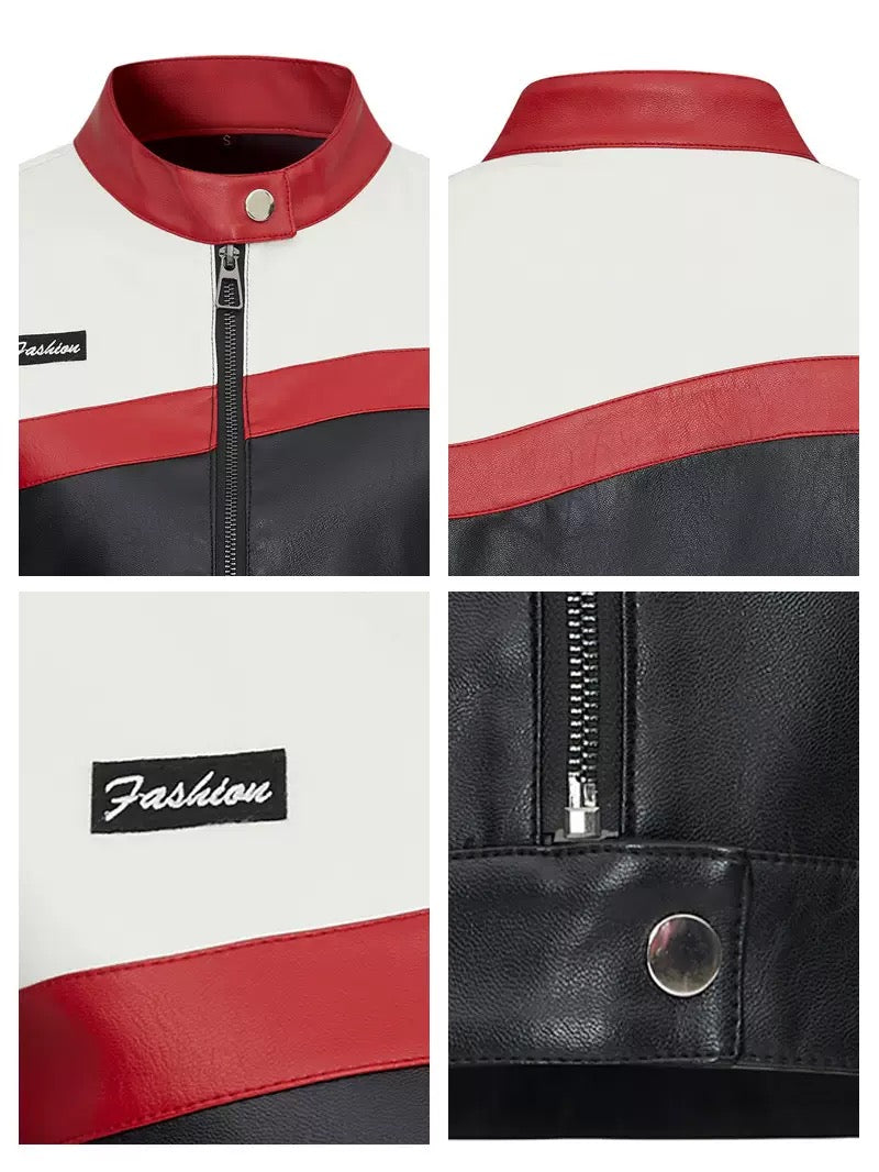 Women's Leather Jacket with Color-Blocking Motorcycle Style Short Jacket 👉 (30% advance payment) vibrant vogue (last picture for size chart
