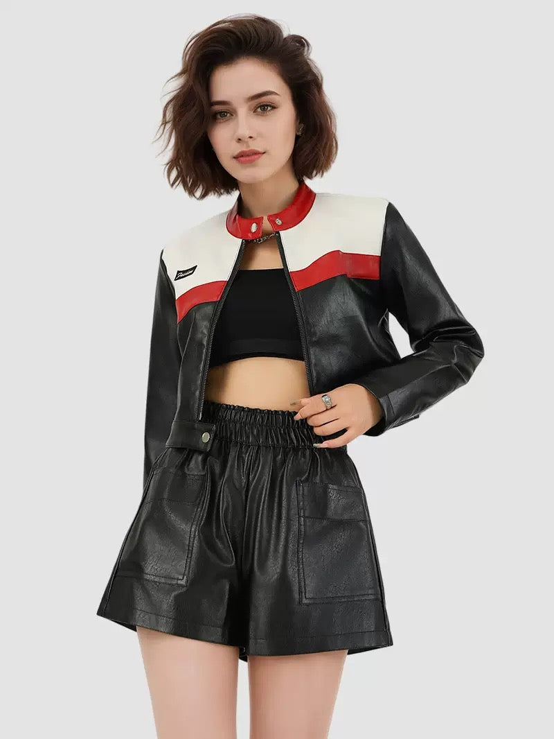 Women's Leather Jacket with Color-Blocking Motorcycle Style Short Jacket 👉 (30% advance payment) vibrant vogue (last picture for size chart