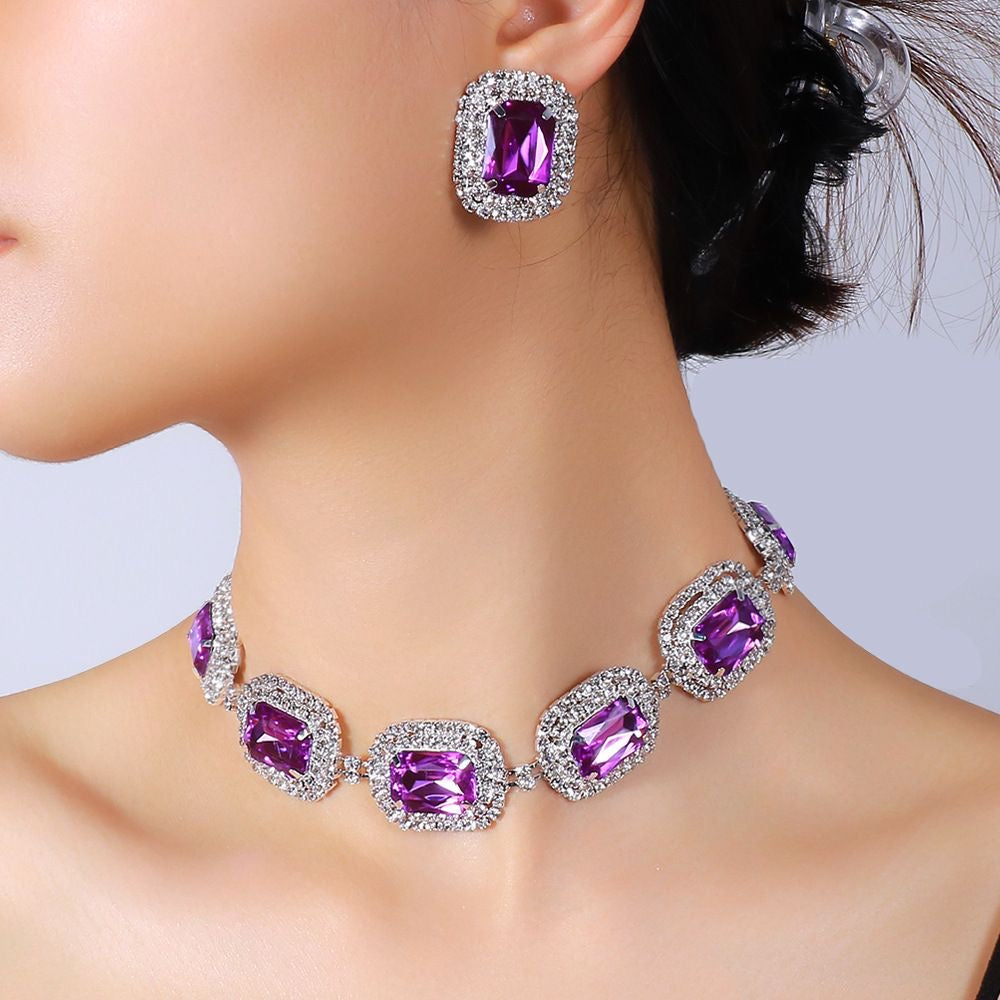 New Purple Square-Cut Stone Necklace and Earring Set – Minimalist & Elegant Rhinestone Jewelry Set
