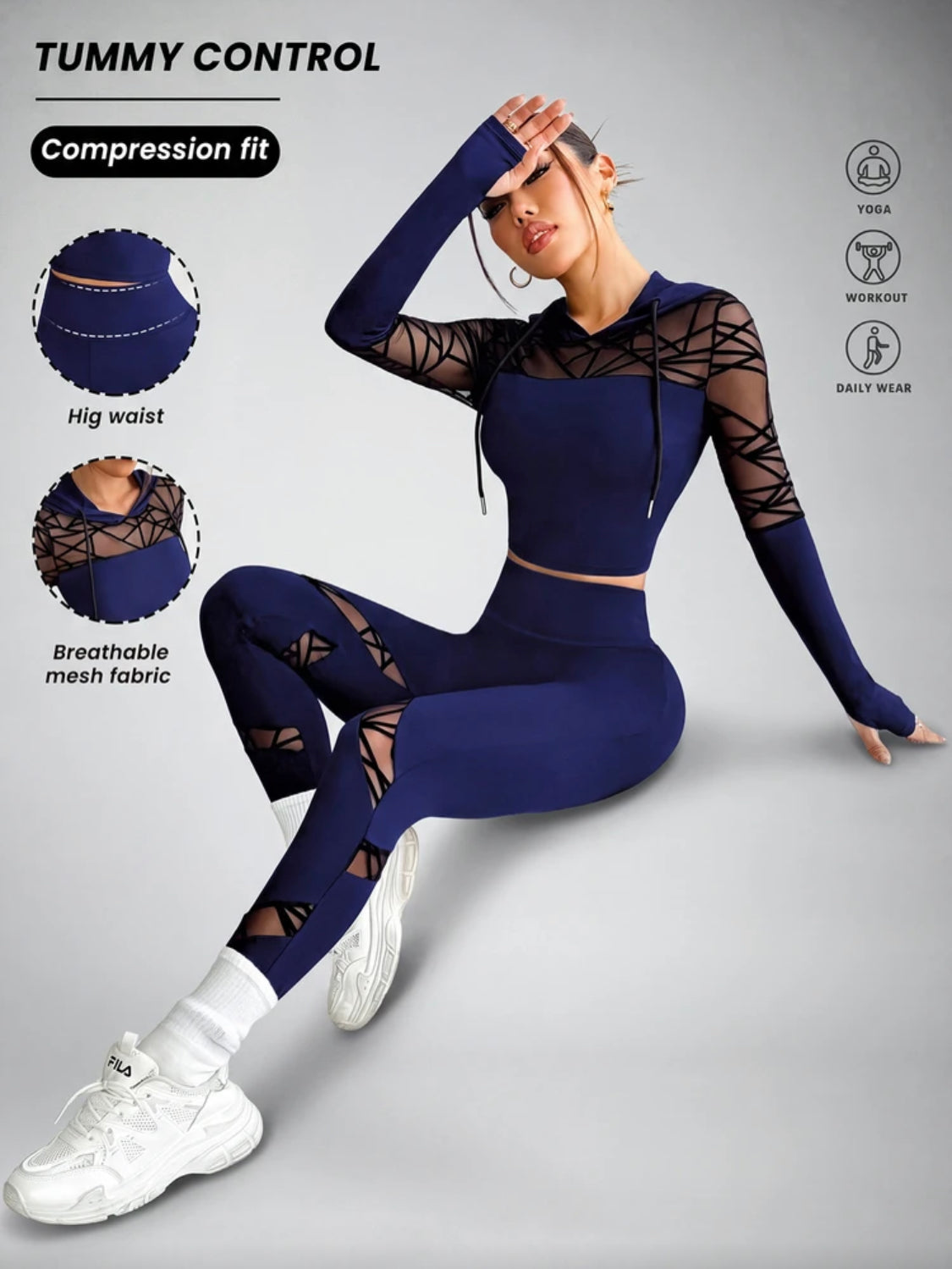 Gymwear Mesh Patchwork Sheer Hooded Neck Long Sleeve Top And High Waist Skinny Pants Sports Suit👉(30% advance) vibrant vogue