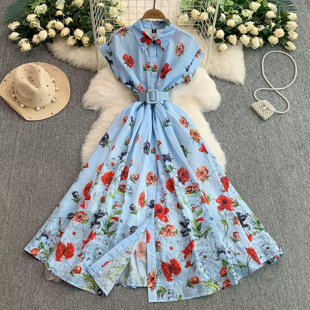(One size fit to all)French Retro Style Printed Lapel Dress for Women Summer Single-Breasted Waist Slimming Large Hem Chiffon Long Skirt, (30% advance) vibrant vogue