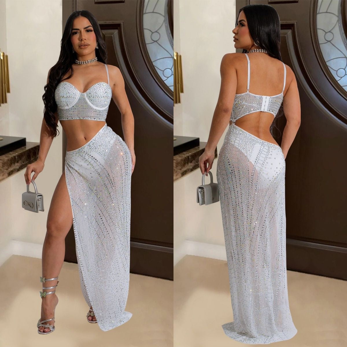 Women's sheer sequined dress with rhinestone embellishments dress๐ (30% advance payment) vibrant vogue