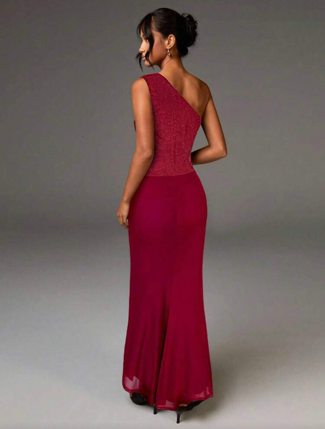 Women's Elegant Burgundy Summer Contrast Lace Fishtail Hem Fitted Long Dress,One Shoulder Formal Gala Evening Gown, Glamorous Dining Party Dress