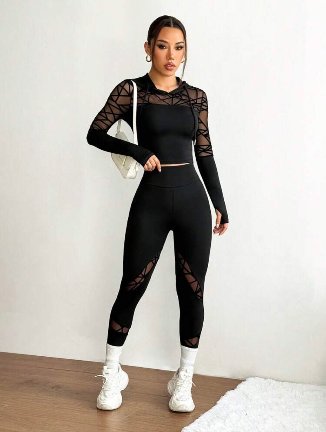 Gymwear Mesh Patchwork Sheer Hooded Neck Long Sleeve Top And High Waist Skinny Pants Sports Suit👉(30% advance) vibrant vogue