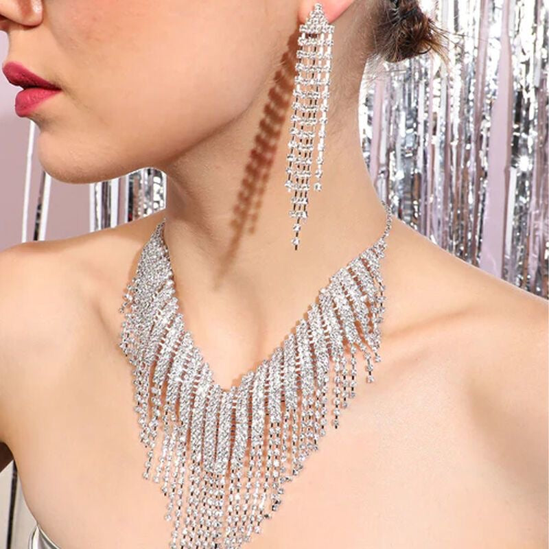 Elegant and Luxurious Rhinestone Tassel Necklace and Earring Set for Women, jewelry