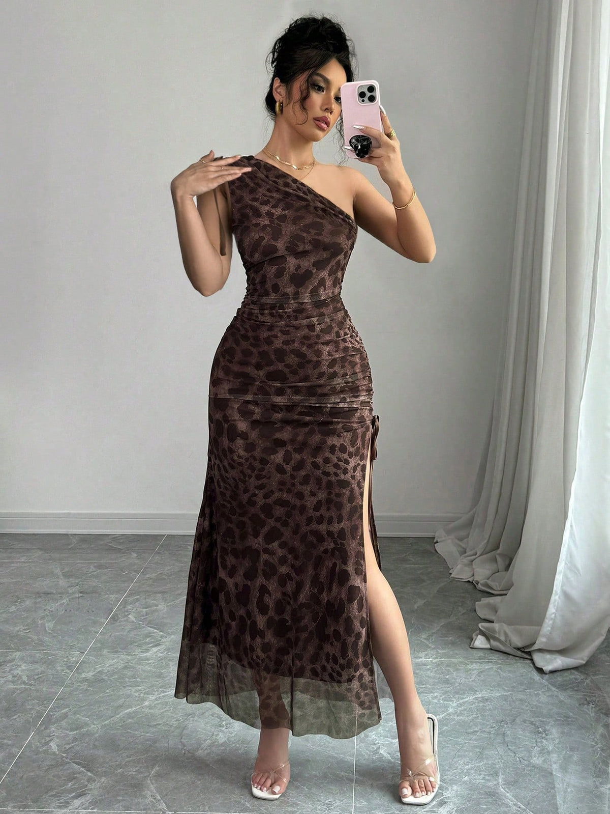 Women's Elegant Sleeveless Leopard Print Mesh High Slit Dress