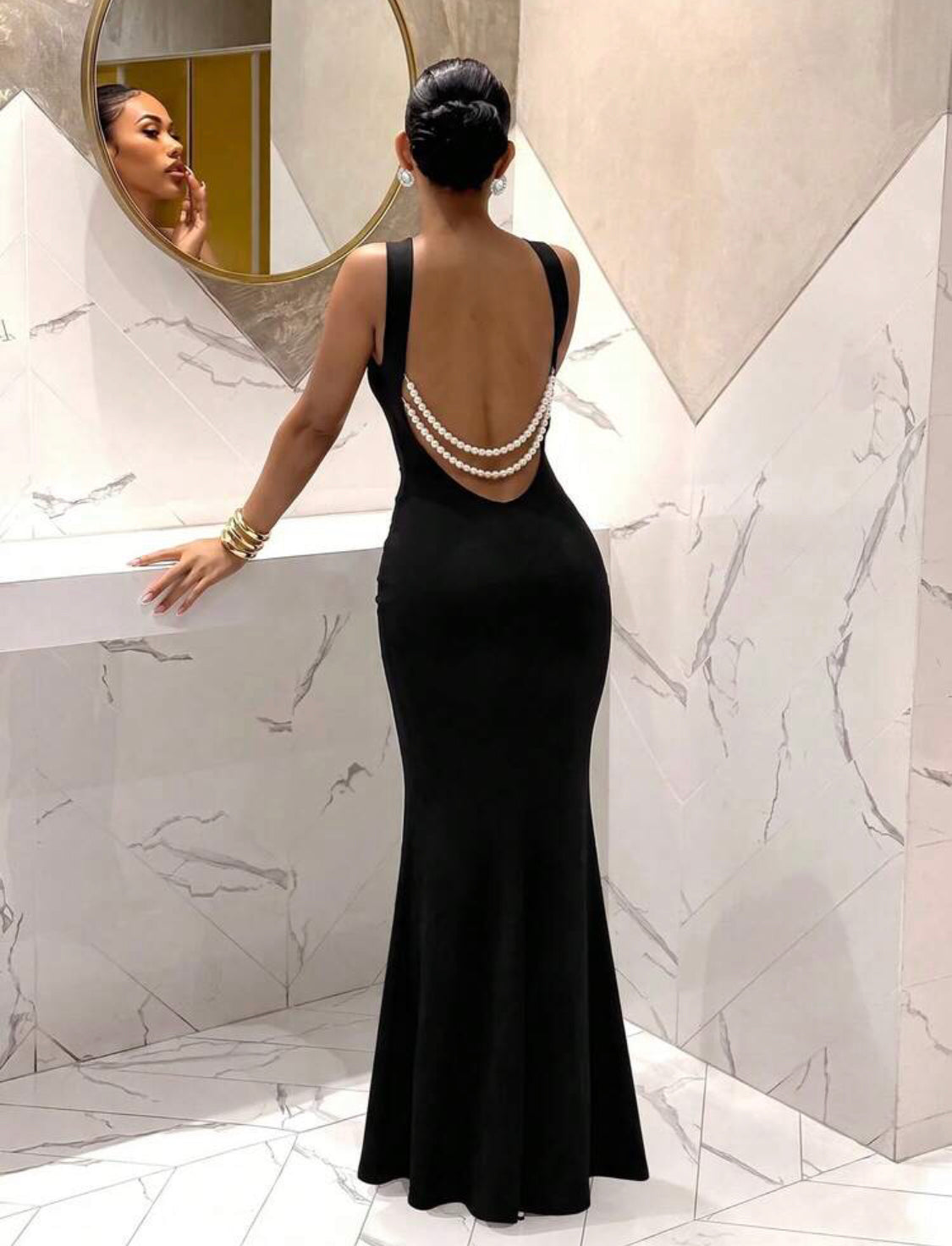 Black Pearl Backless Halter Maxi Dress Split Thigh Elegant Formal Party Gown For women