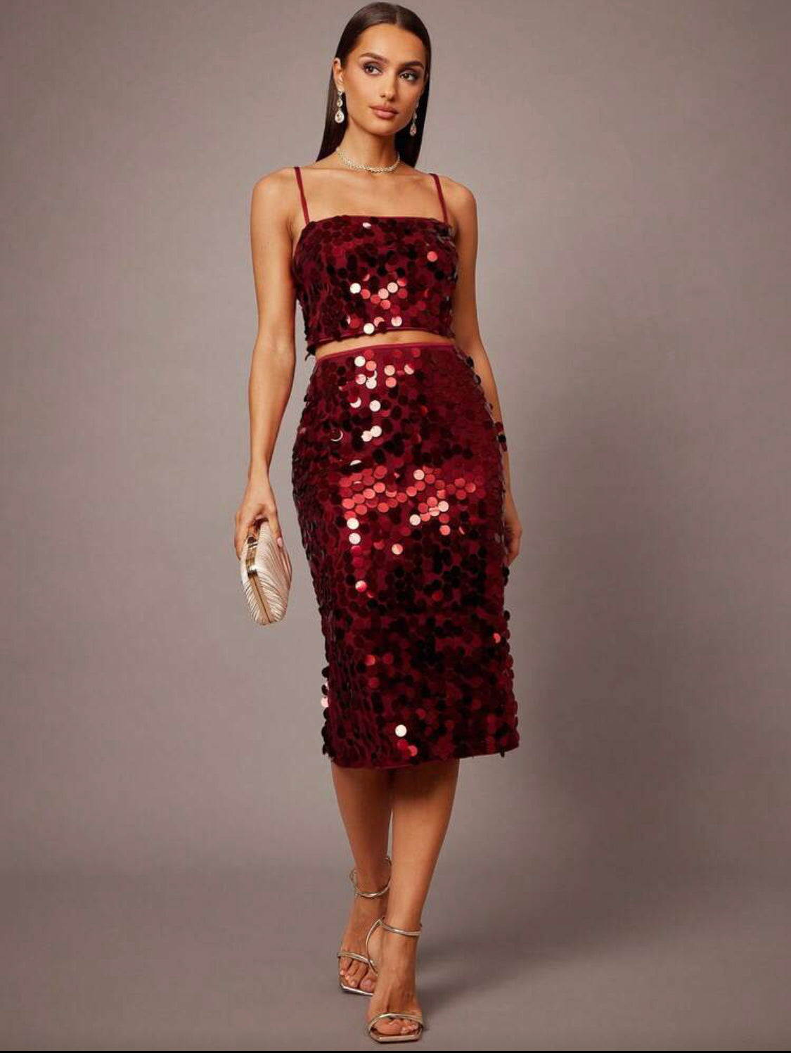 Burgundy,Night Out,Party Women's Sequined 2 Piece Suit Spaghetti Strap Mid-Length Slit Back Skirt Set For Wedding Guest Birthday Event