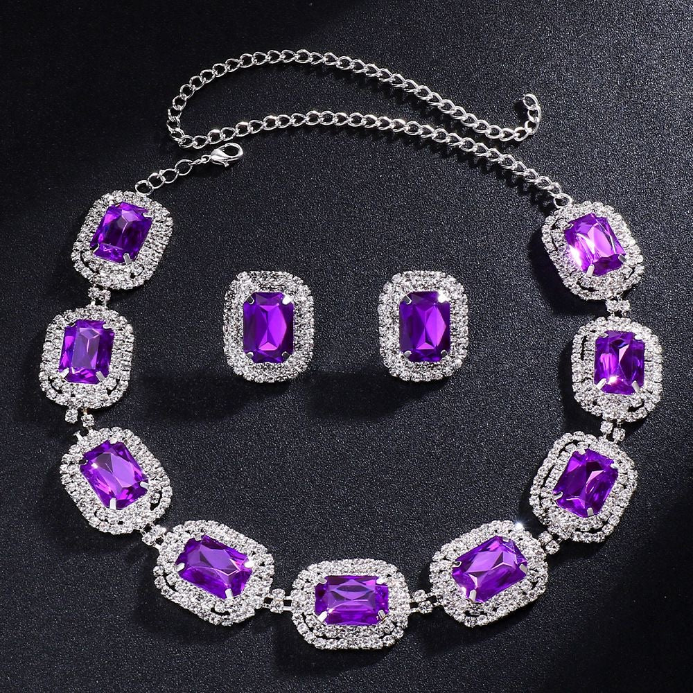 New Purple Square-Cut Stone Necklace and Earring Set – Minimalist & Elegant Rhinestone Jewelry Set