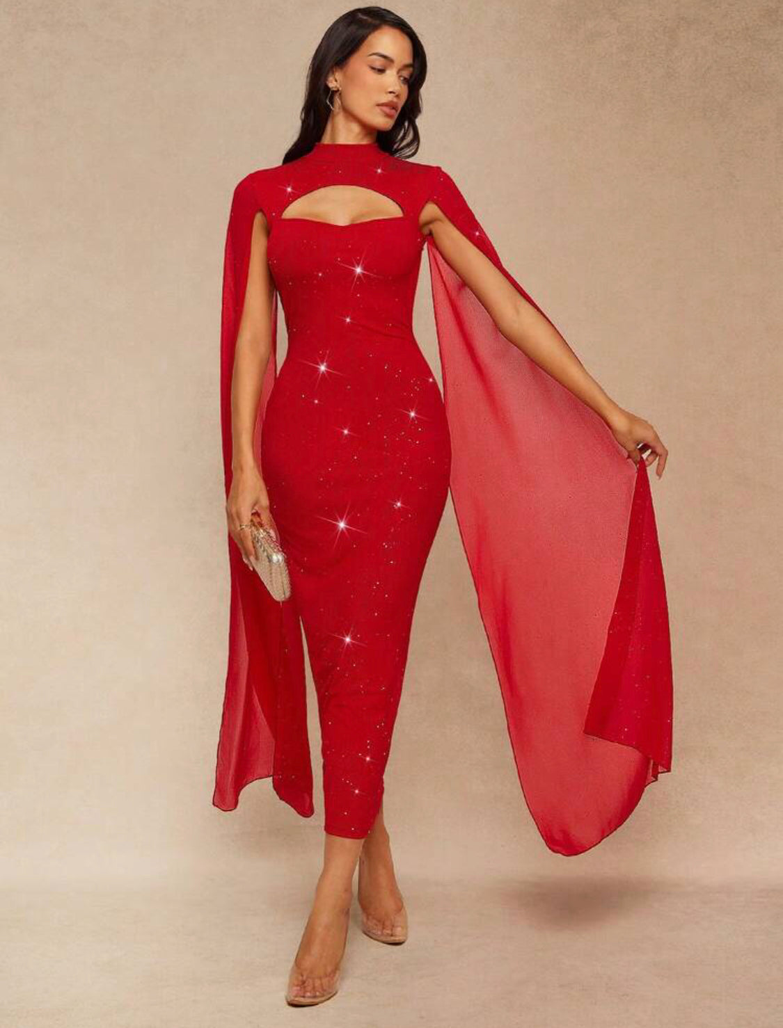 Women's Elegant Red Party Dress,Autumn Winter Mermaid Hem Gown,Chiffon Collar Design,Crystals Embellished Stretchy Fabric Daily Gown