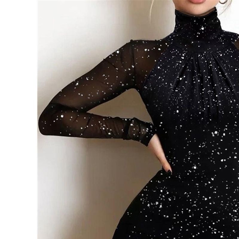 High-Neck Glitter Bodycon Dress with Contrast Mesh and Split Hem👉(30% advance payment) vibrant vogue