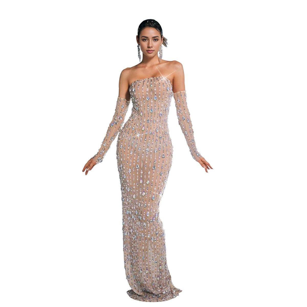 Diamond-embellished one-piece dress (straight-cut/sheath style, maxi length) π (30% advance payment) vibrant vogue