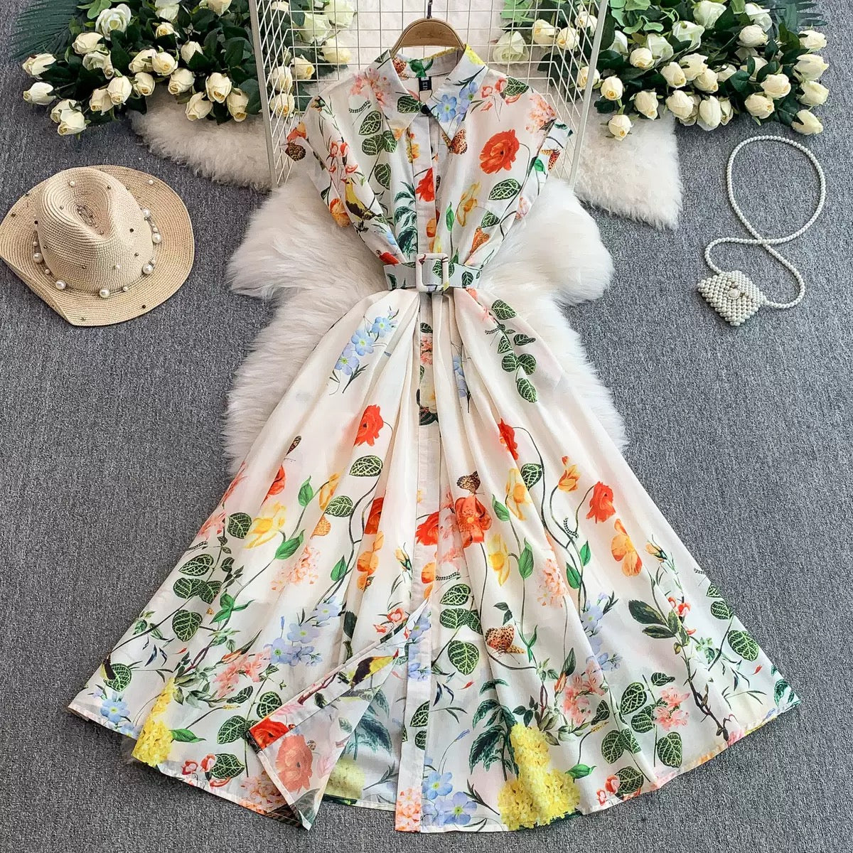 (One size fit to all)French Retro Style Printed Lapel Dress for Women Summer Single-Breasted Waist Slimming Large Hem Chiffon Long Skirt, (30% advance) vibrant vogue