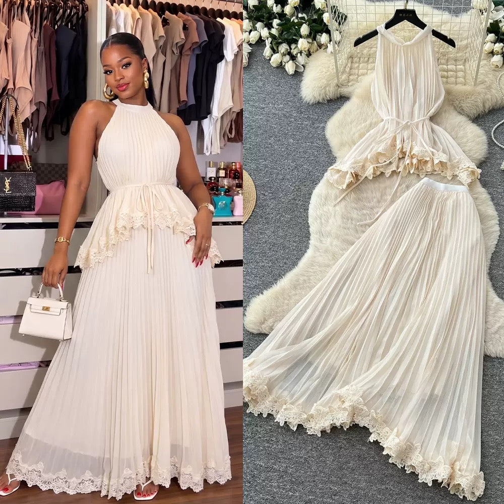 French-Style Gentle White Sleeveless Pleated Dress for Women, Summer Lace-Trimmed Elegant and Stylish Work Outfit 👉 (30% advance) vibrant vogue