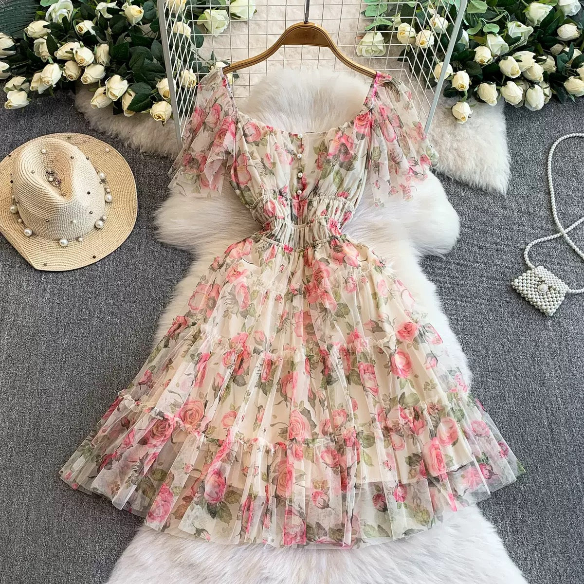 (one size fit to all)French Resort Style, Beautiful and Super Fairy Romantic Printed Square Neck Dress for Women, Autumn and Winter Waist-Cinching Ruffled Mid-Length Skirt, (30% advance) vibrant vogue