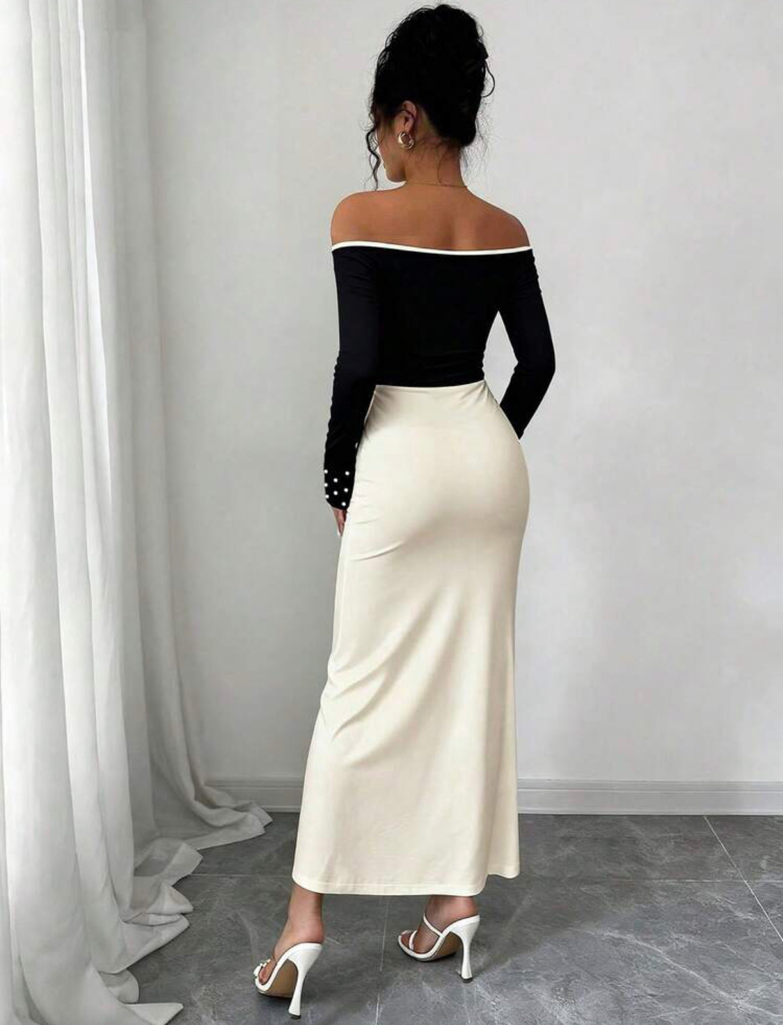 Women's Knit Long Sleeve Open Shoulder Ruched Dress With Faux Pearl Details Spring