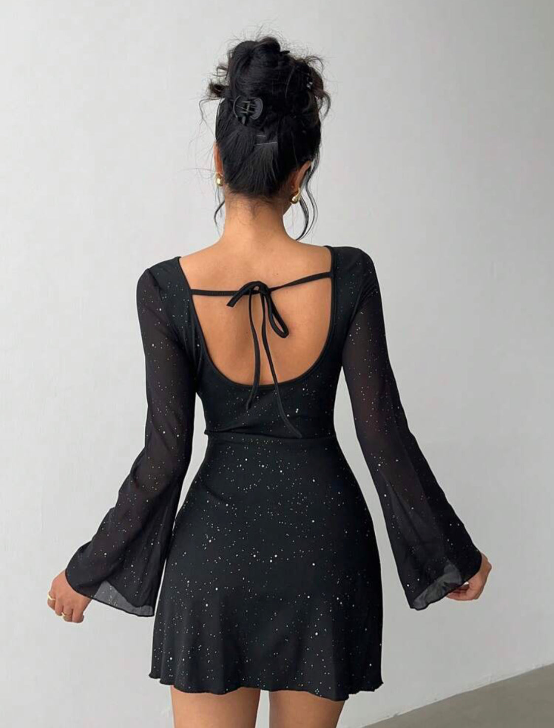 Elegant Backless Mini Dress For Women,Bow Fitted Bell Sleeve Sequined Black Glitter,Summer,70s,Night Out Club,Party,Holiday Afternoon Tea Outfit