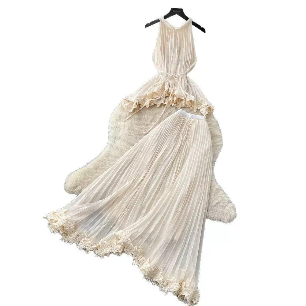 French-Style Gentle White Sleeveless Pleated Dress for Women, Summer Lace-Trimmed Elegant and Stylish Work Outfit 👉 (30% advance) vibrant vogue