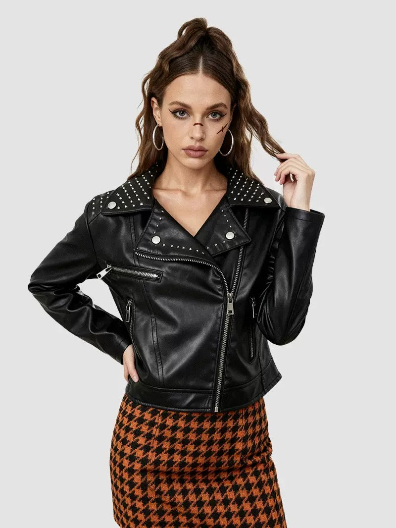 Cross-Border European Customizable Women's Leather Jacket, Short Style with Studs, Pu Diagonal Zipper Slim-Fit Leather Jacket 👉 (30% advance payment) vibrant vogue (last picture for size chart
