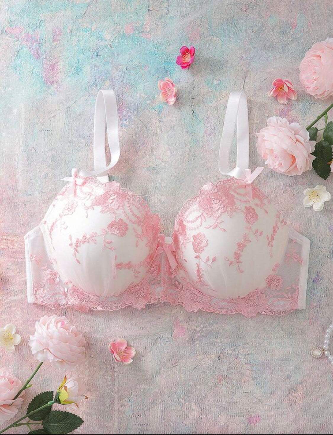 Plus Size Floral Embroidered Padded Underwire Bra With Ruffles, High Support, Romantic Pastoral Style, Sweet Uplift 👉(30% advance) 10-15 days delivery, vibrant vogue