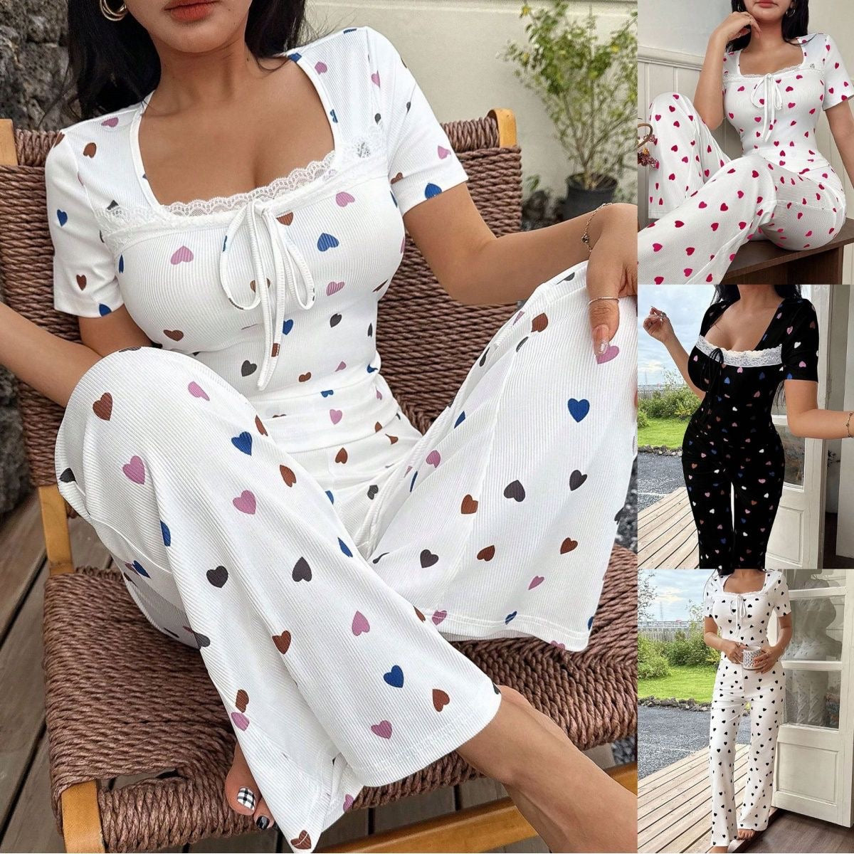 Women's Heart-Print Pajama Set – Trendy Lace-Trimmed Short-Sleeve Top & Pants 👉(30% advance) vibrant vogue