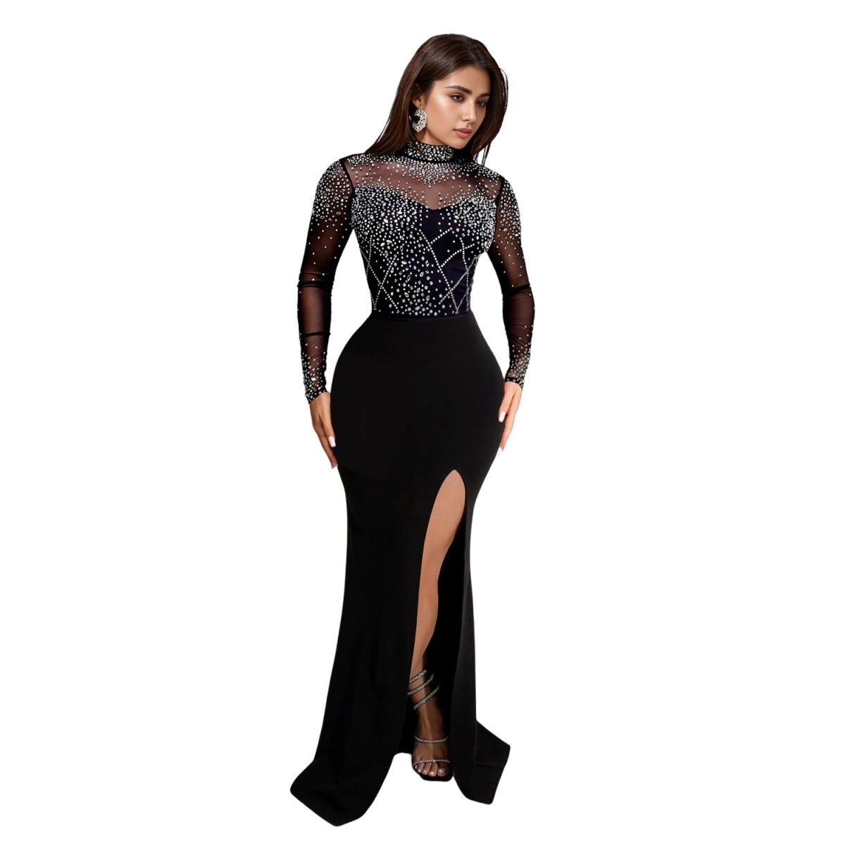 Women's sequined slit dress with rhinestone embellishment dress ๐ (30% advance payment) vibrant vogue