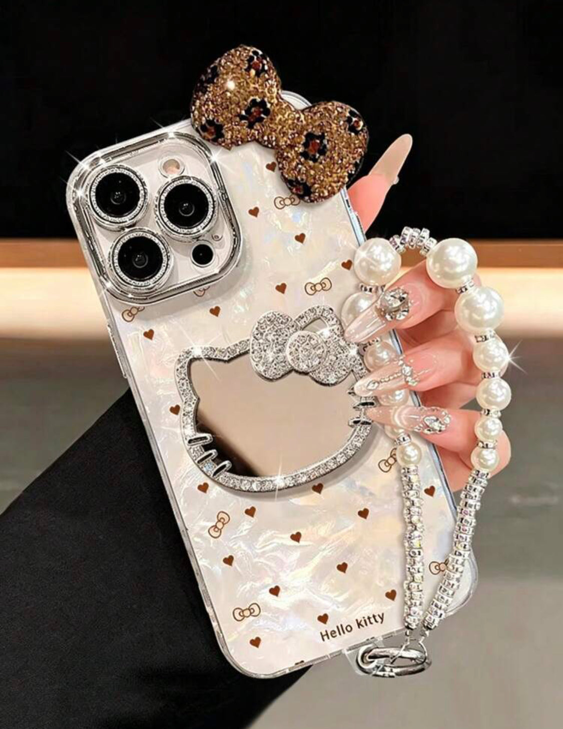 1pc 3D Rhinestone Bow Heart KT Cat Mirror Phone Case - Heart KT Cat Shell Pattern, Fashionable Creative Hello Kitty Sanrio Phone Case, Waterproof Anti-Drop Shockproof Material, Laser Color-Changing Heart, 👉 (30% advance payment) vibrant vogue
