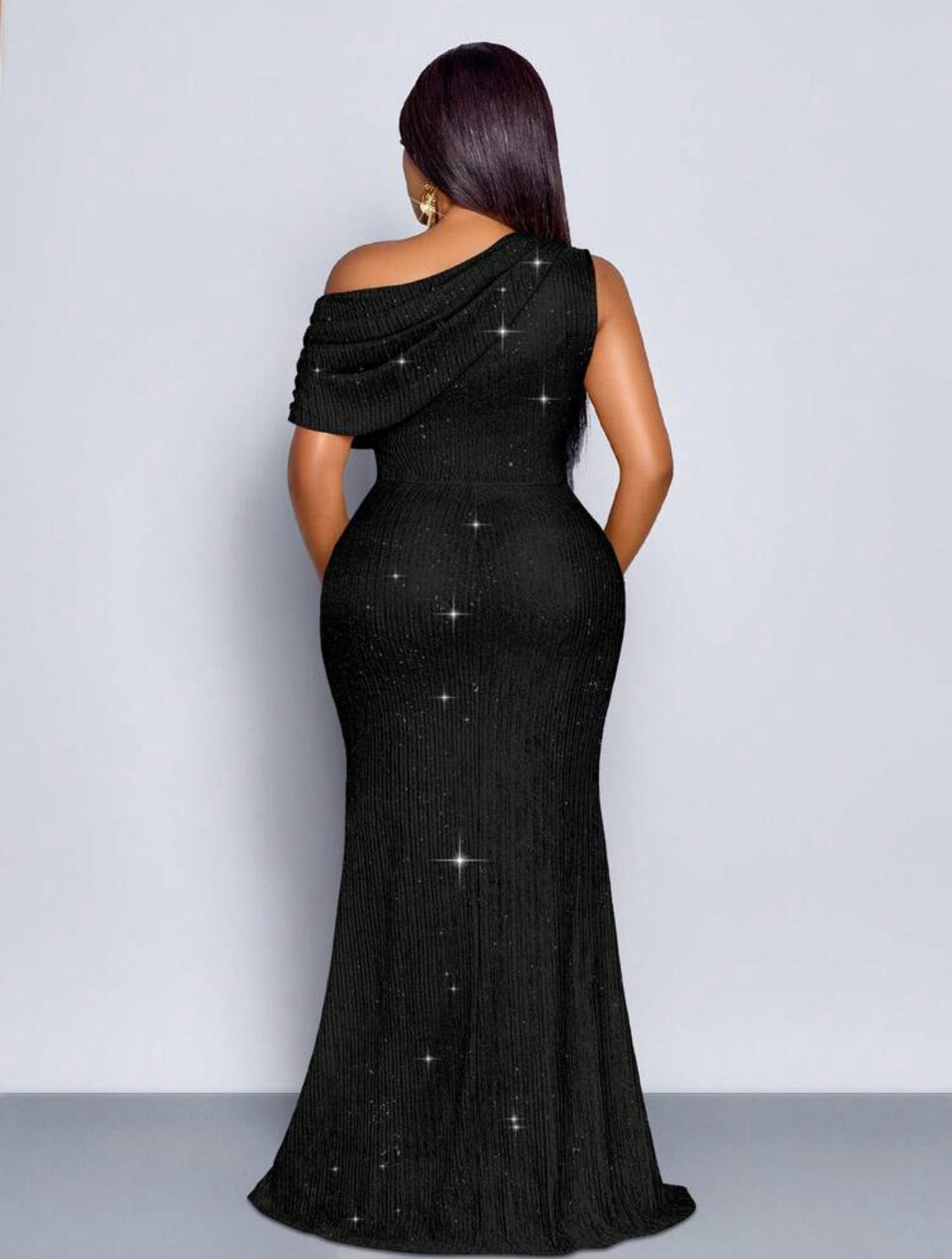 Plus Size Women's Blush Pink,Winter,Elegant,Formal Maxi Dress, Asymmetrical Shoulder Pleated Slim Fit Fish Tail Sparkly Knitted Evening Gown 👉(30% advance) 10-15 days delivery, vibrant vogue (last picture for size chart)