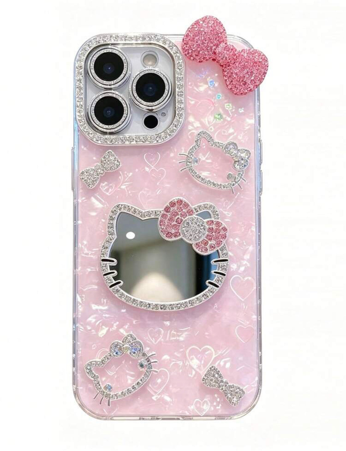 1pc Hello Kitty Sanrio Creative Fashion Phone Case, Waterproof Anti-Drop Shockproof Material, Laser Color-Changing Heart, 3D Rhinestone KT Cat Head, Rhinestone Bow, Anime, Kuromi, Luxury, Bling Bling, KT Cute Fashion,👉 (30% advance payment) vibrant vogue