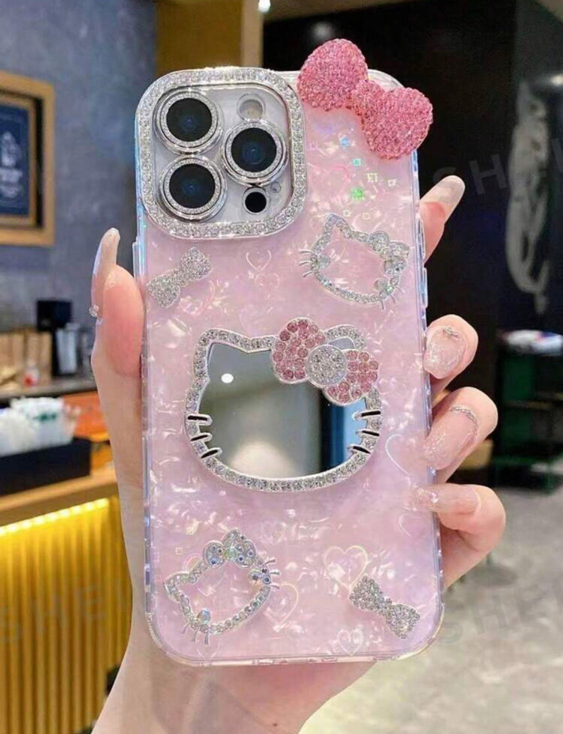 1pc Hello Kitty Sanrio Creative Fashion Phone Case, Waterproof Anti-Drop Shockproof Material, Laser Color-Changing Heart, 3D Rhinestone KT Cat Head, Rhinestone Bow, Anime, Kuromi, Luxury, Bling Bling, KT Cute Fashion,👉 (30% advance payment) vibrant vogue