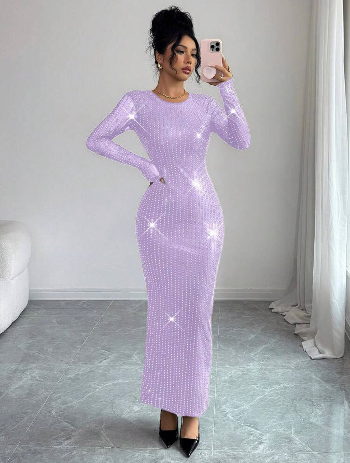 Women's Sequin Mesh Fabric Round Neck Long Sleeve Backless Sexy Lace-Up Dress