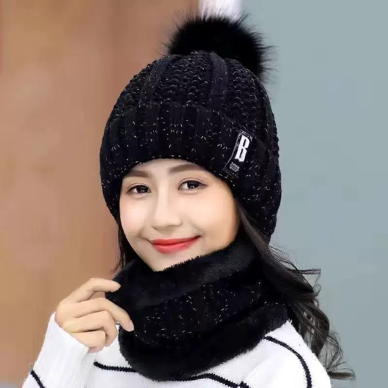 Autumn and Winter Cross-Border Women's Hat Set with Letter B Logo Set Fleece-Lined Neck and Ear Protection Two-Piece Set Fur Ball Knitted M👉(30% advance) 10-15 days delivery, vibrant vogue