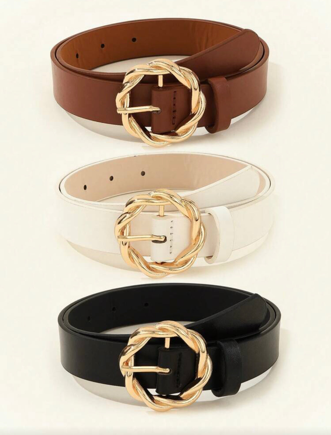 3pcs Gold Triple Ring Rhinestone Buckle Women's Belts, Daily Wear Belts For T-Shirts/Dresses, Fashionable Elegant Versatile Women's Belts For Everyday Use