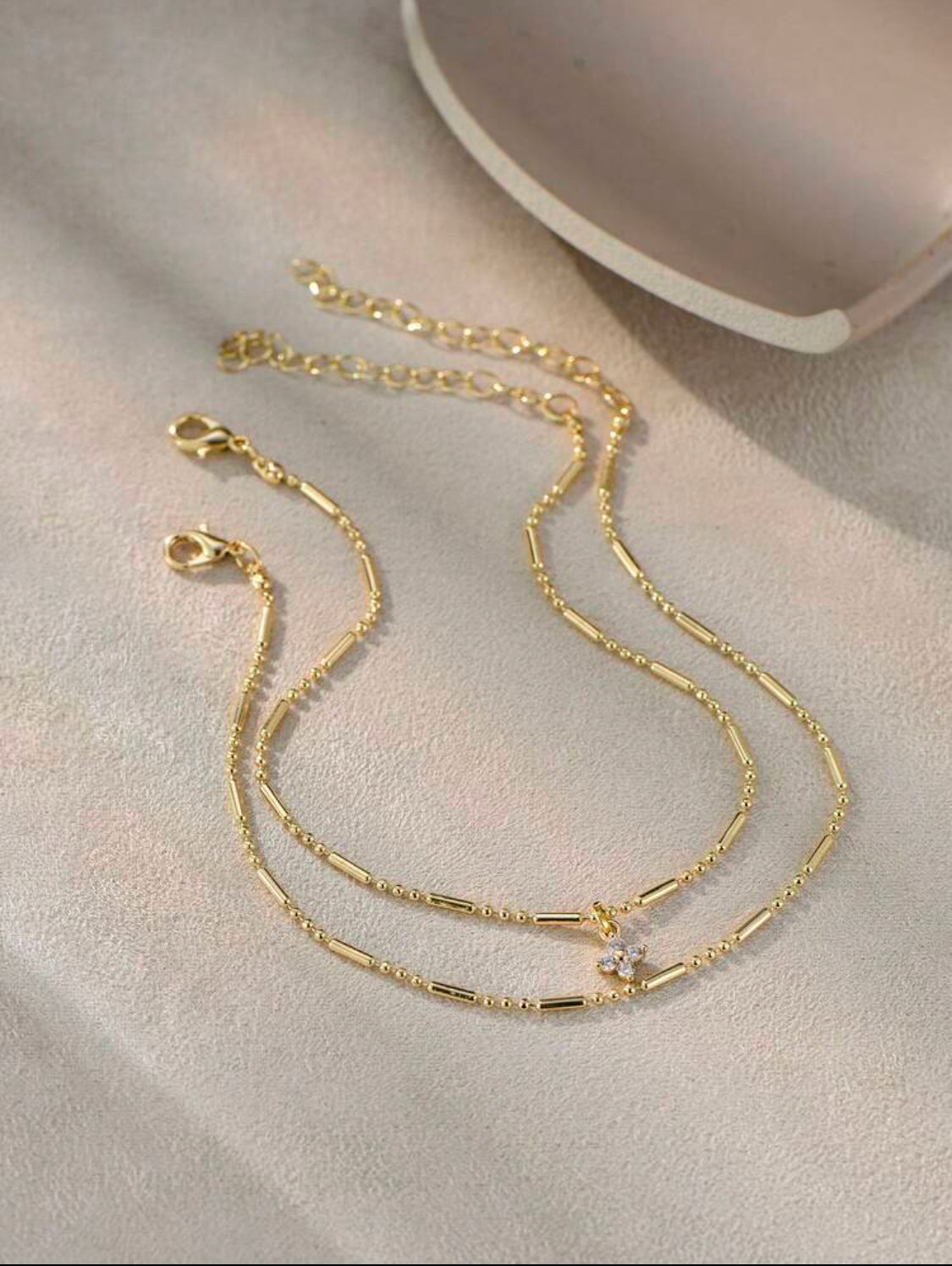 2pcs/Set Gold Fashion Beach Vacation Copper Zirconia Four-Leaf Clover Double Layer Beaded Stacked Anklet For Women