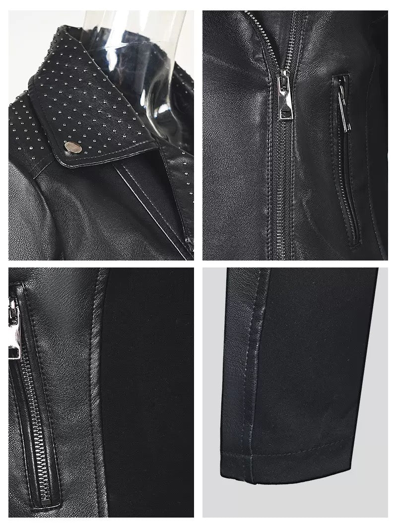Cross-Border European Customizable Women's Leather Jacket, Short Style with Studs, Pu Diagonal Zipper Slim-Fit Leather Jacket 👉 (30% advance payment) vibrant vogue (last picture for size chart
