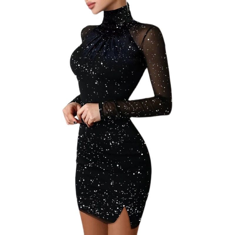 High-Neck Glitter Bodycon Dress with Contrast Mesh and Split Hem👉(30% advance payment) vibrant vogue