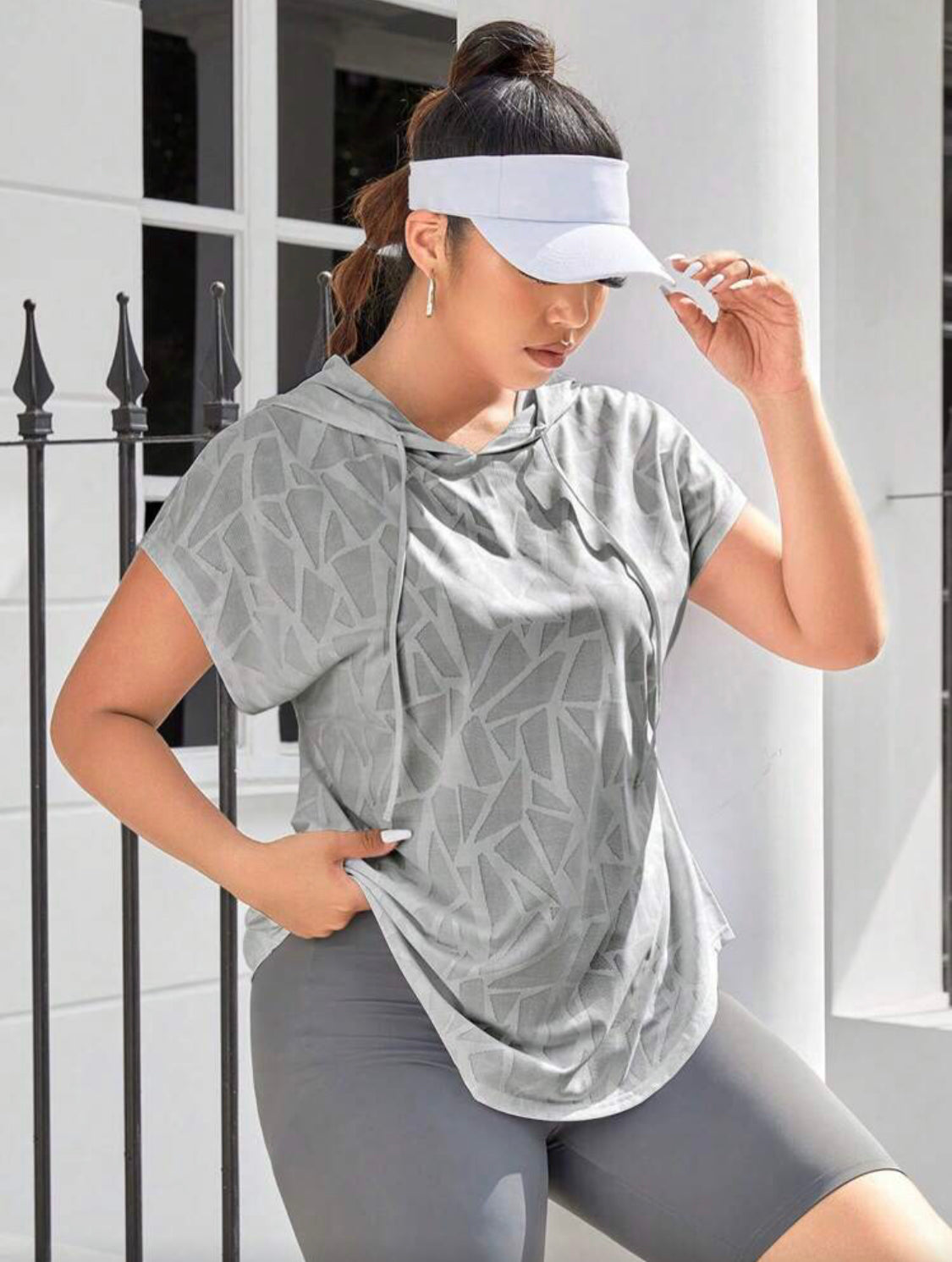 Plus Size Women Geometric Print Drawstring Waist Hooded Short Sleeve Sports T-Shirt Workout Tops Loose Top Sweatshirt Gym Clothes Tees 👉(30% advance) 10-15 days delivery, vibrant vogue