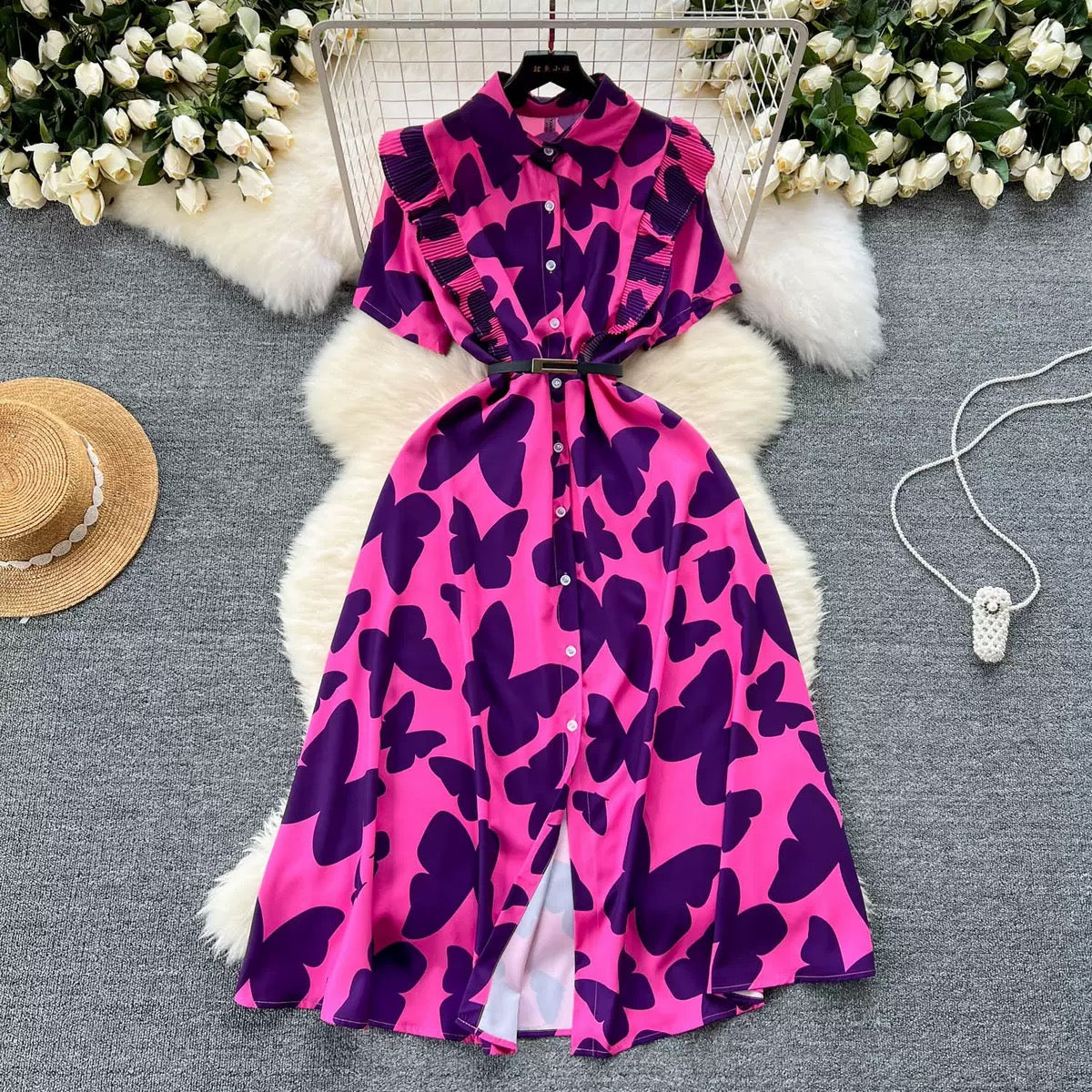 (one size fit to all)Light Mature Style Niche Women's dress Summer New Design Sense Elegant Waist Print Long Dress👉(30% advance)