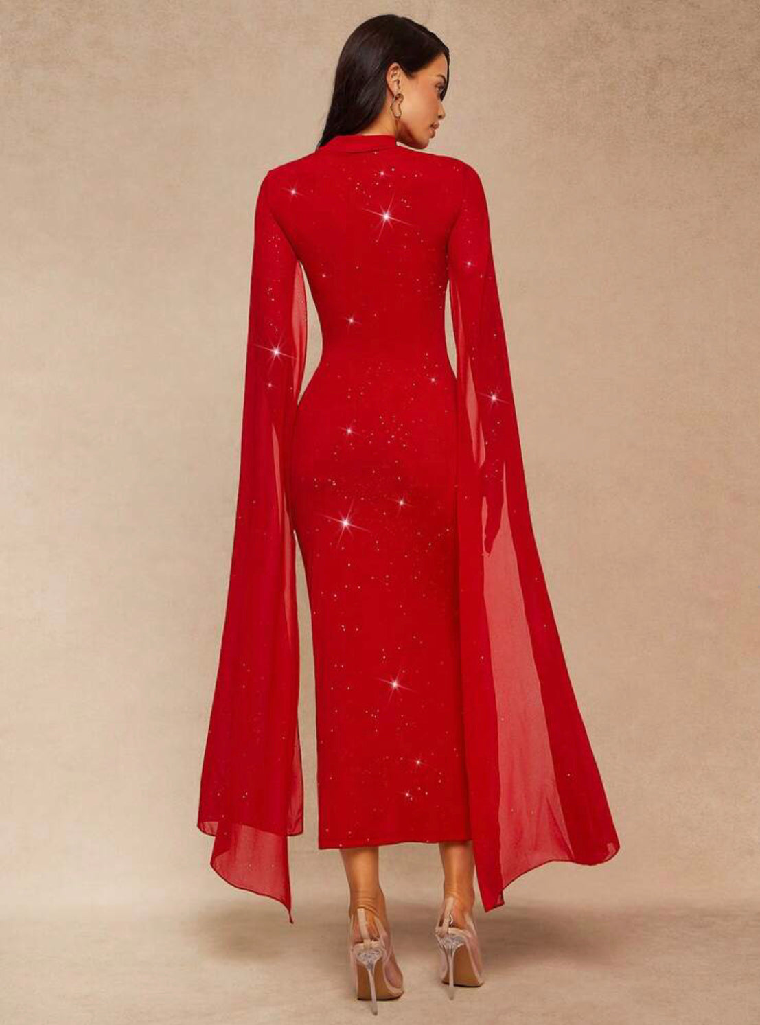 Women's Elegant Red Party Dress,Autumn Winter Mermaid Hem Gown,Chiffon Collar Design,Crystals Embellished Stretchy Fabric Daily Gown