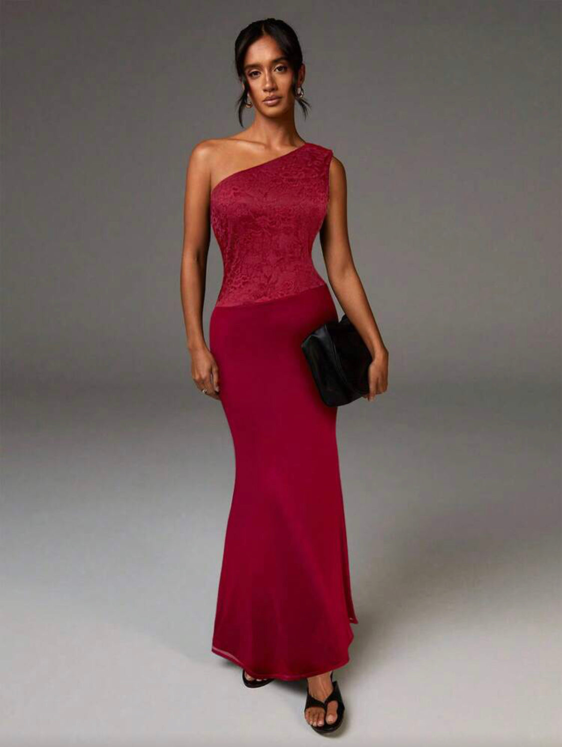 Women's Elegant Burgundy Summer Contrast Lace Fishtail Hem Fitted Long Dress,One Shoulder Formal Gala Evening Gown, Glamorous Dining Party Dress