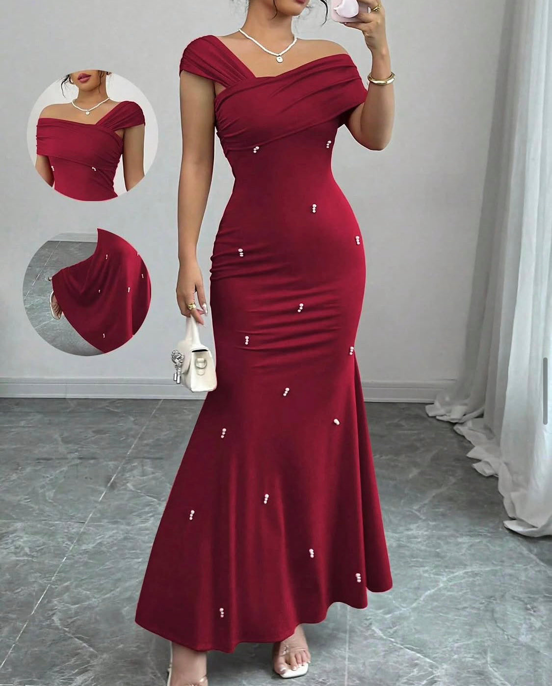 Elegant & Luxurious Asymmetrical Neckline Red Straight Beaded Mermaid Dress For Women, Spring/Summer 👉3-5 days days delivery, vibrant vogue