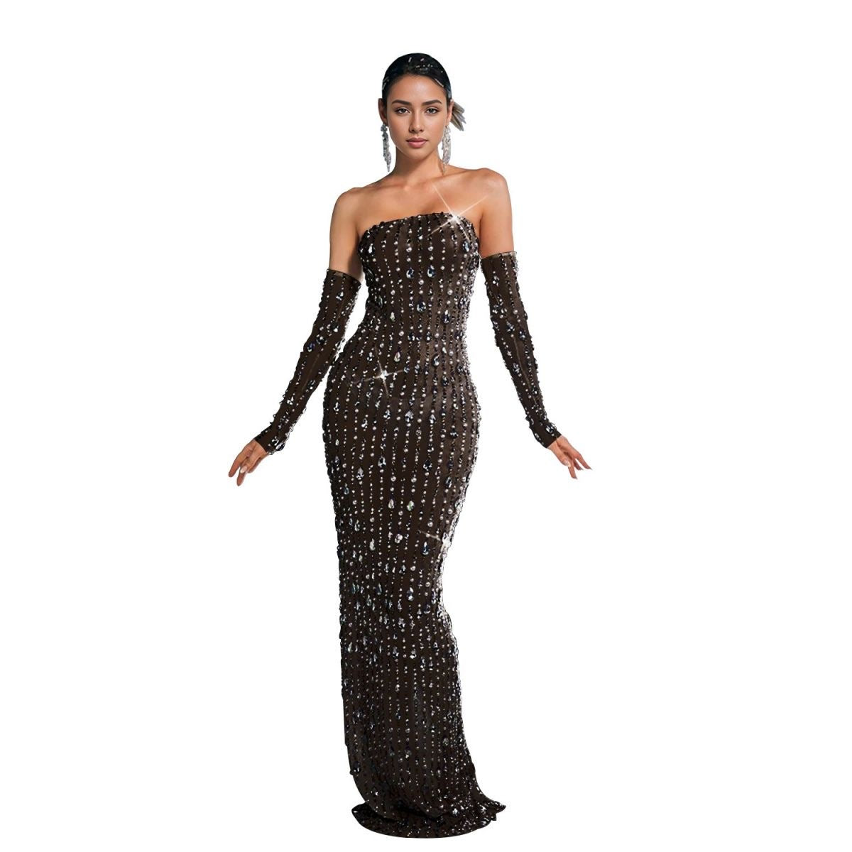 Diamond-embellished one-piece dress (straight-cut/sheath style, maxi length) π (30% advance payment) vibrant vogue