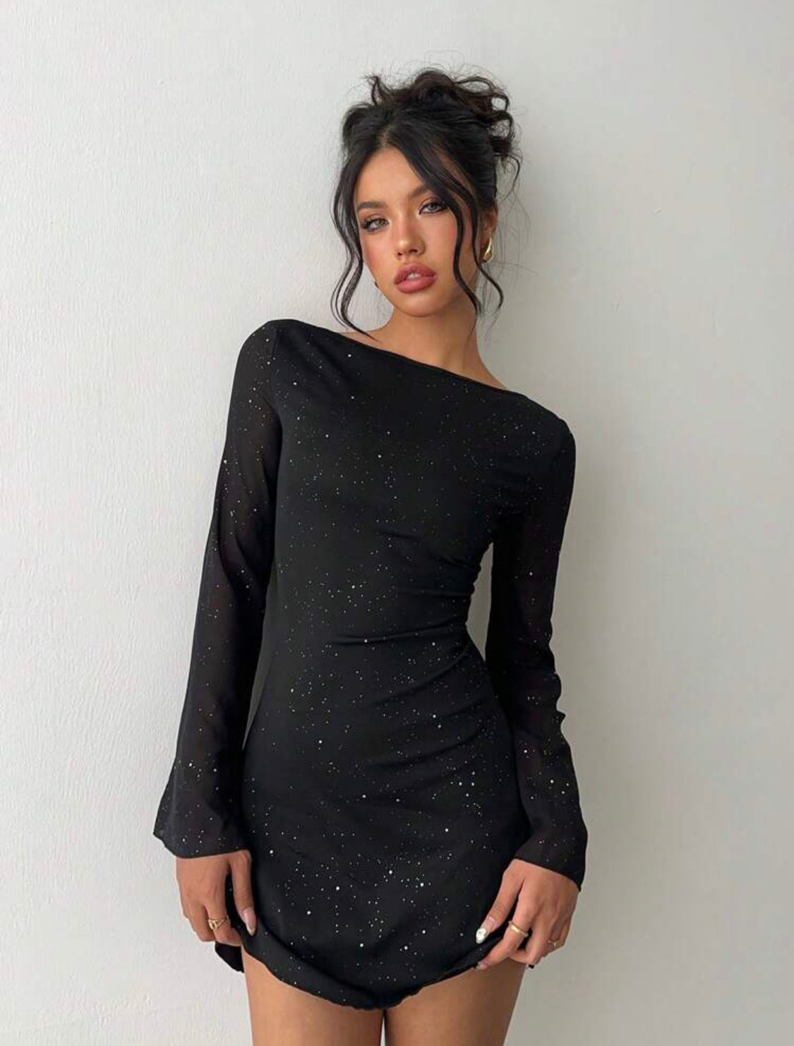 Elegant Backless Mini Dress For Women,Bow Fitted Bell Sleeve Sequined Black Glitter,Summer,70s,Night Out Club,Party,Holiday Afternoon Tea Outfit