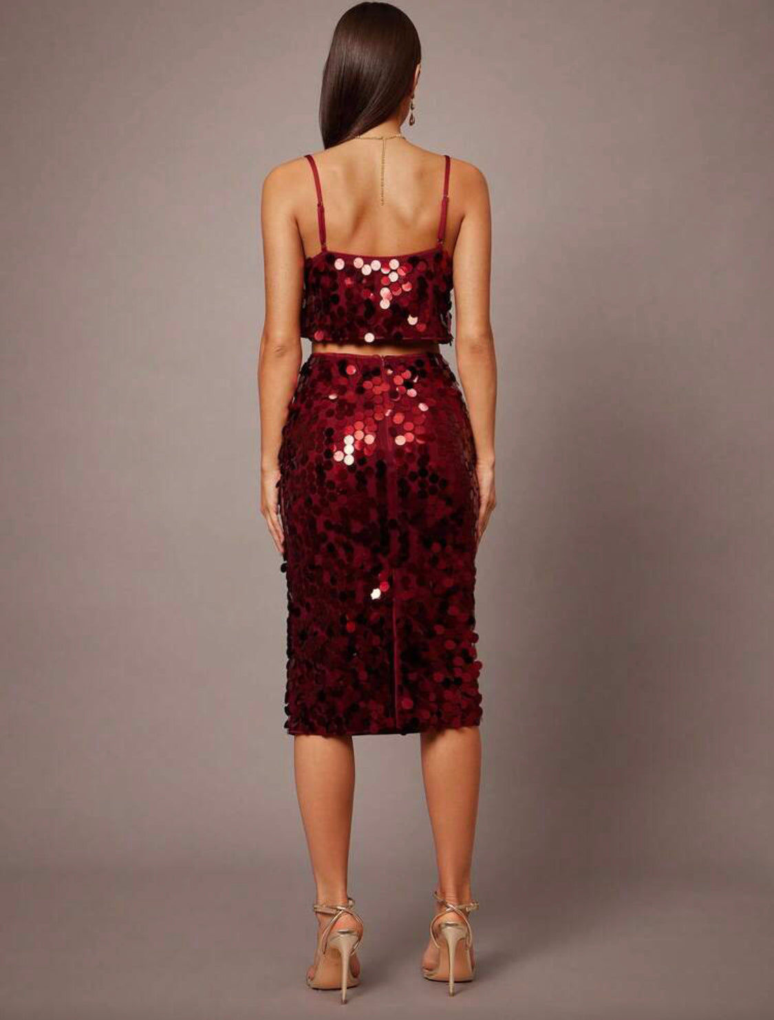 Burgundy,Night Out,Party Women's Sequined 2 Piece Suit Spaghetti Strap Mid-Length Slit Back Skirt Set For Wedding Guest Birthday Event