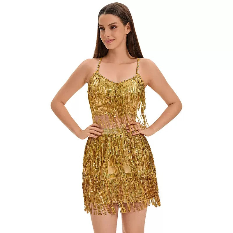 European and American Adult Women's Latin Dance Sequined Tassel Skirt Dance Stage Performance Outfit Sexy Cheerleader Short Skirt Set π (30% advance payment) vibrant vogue (last picture for size chart)