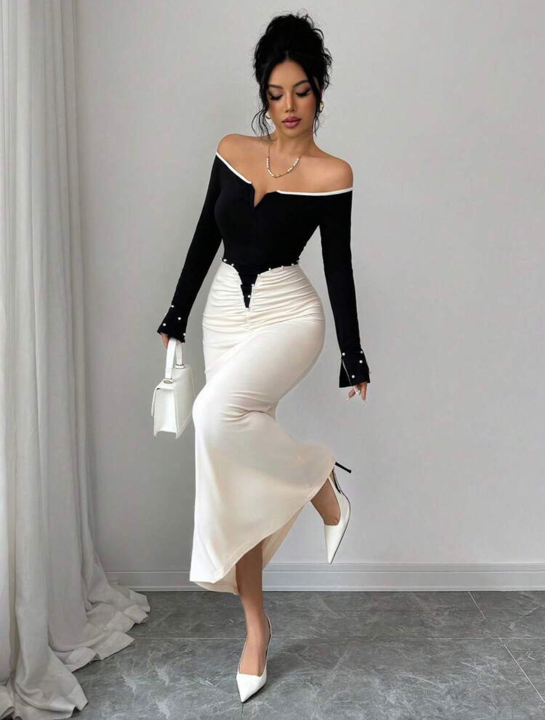 Women's Knit Long Sleeve Open Shoulder Ruched Dress With Faux Pearl Details Spring