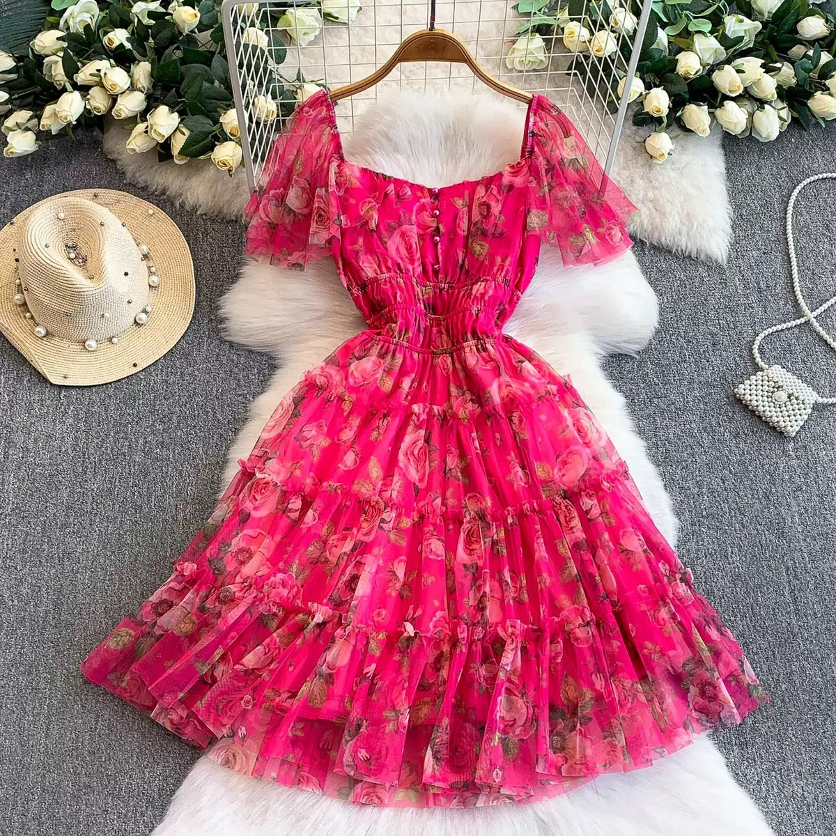 (one size fit to all)French Resort Style, Beautiful and Super Fairy Romantic Printed Square Neck Dress for Women, Autumn and Winter Waist-Cinching Ruffled Mid-Length Skirt, (30% advance) vibrant vogue