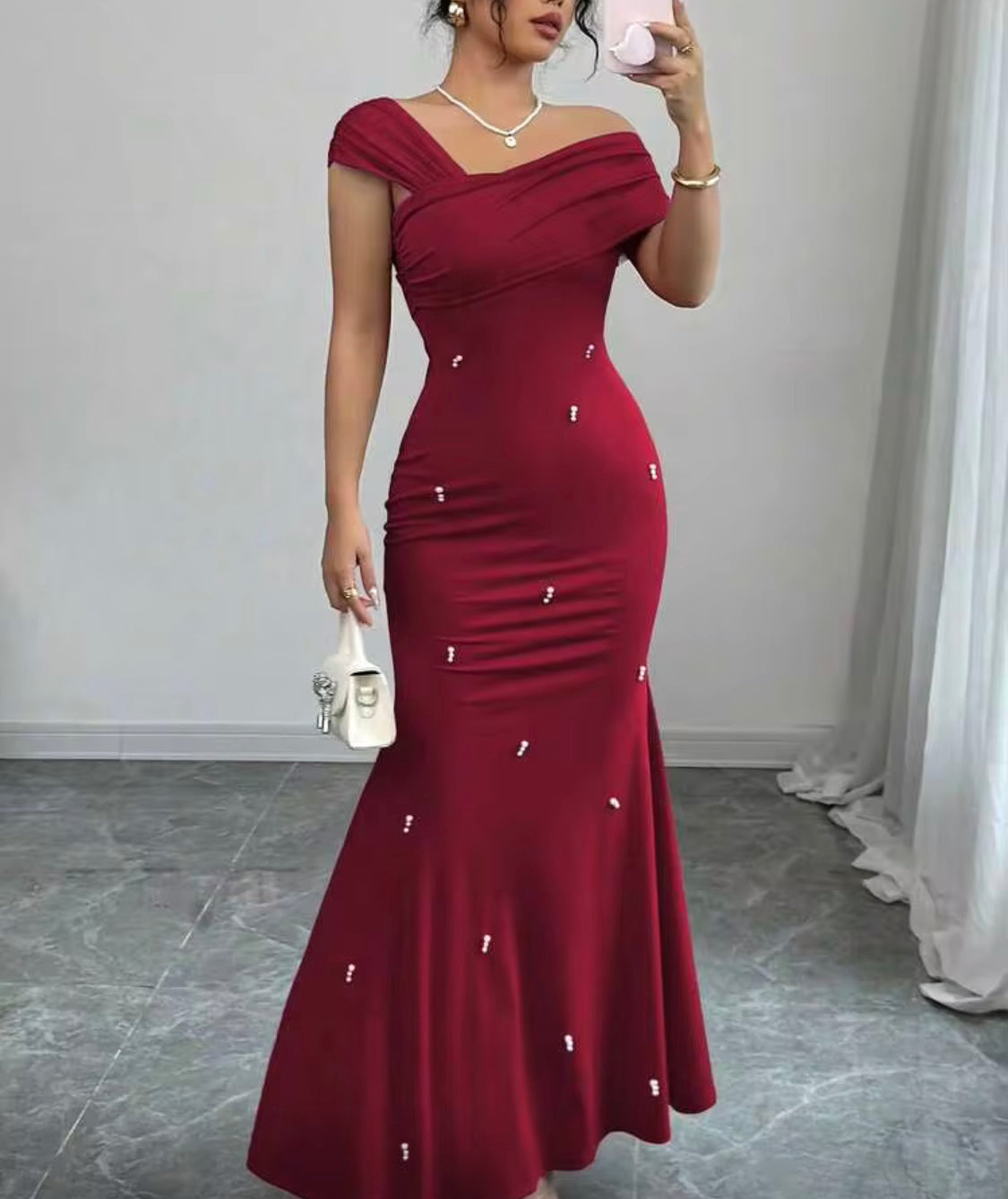 Elegant & Luxurious Asymmetrical Neckline Red Straight Beaded Mermaid Dress For Women, Spring/Summer 👉3-5 days days delivery, vibrant vogue