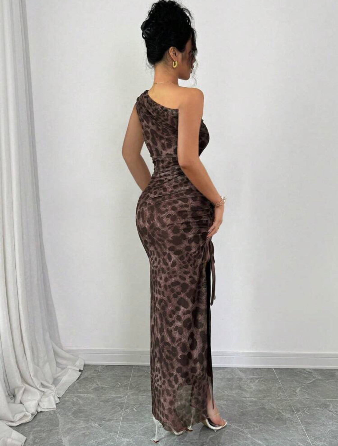 Women's Elegant Sleeveless Leopard Print Mesh High Slit Dress