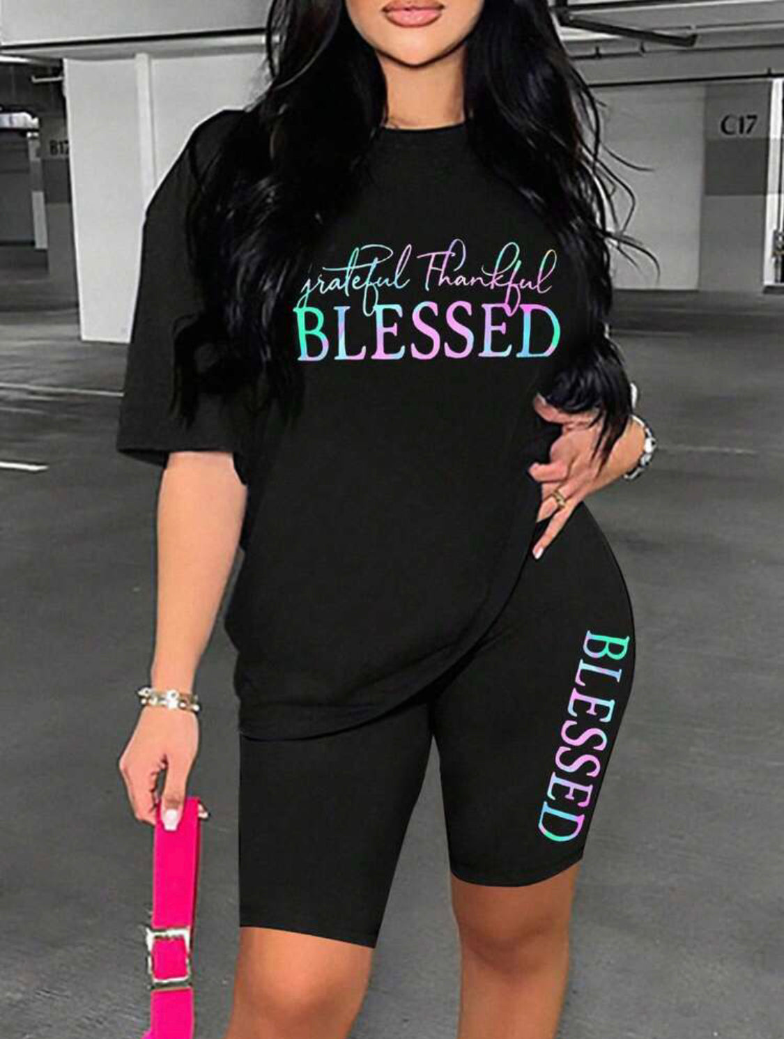 Plus Size Women's Letter Print Loose T-Shirt And Tight Shorts Set Black Elegant Summer sportswear👉(30% advance) 10-15 days delivery, vibrant vogue